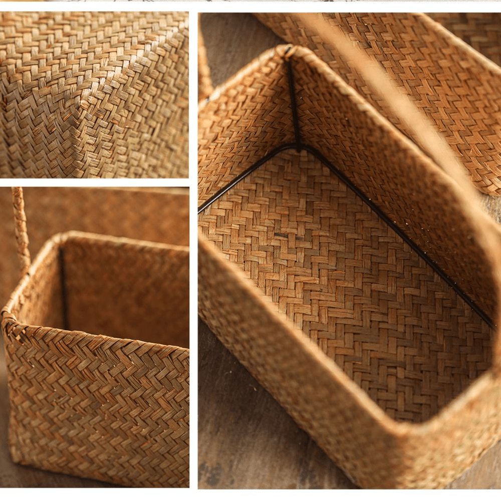 Rectangular woven basket organizer in natural tan wicker with black metal frame RusticReach on Tampa Home & Garden Store