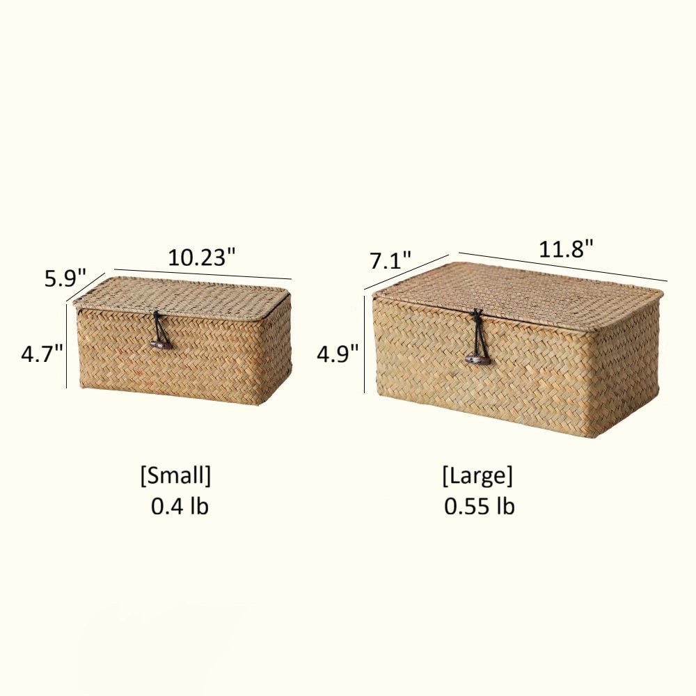 Rectangular Natural Straw Storage Basket with Lid by RusticReach; two sizes, natural straw on Tampa Home & Garden Store