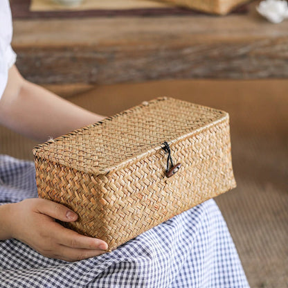 Rectangular natural straw storage basket with lid by RusticReach, woven straw design on Tampa Home & Garden Store