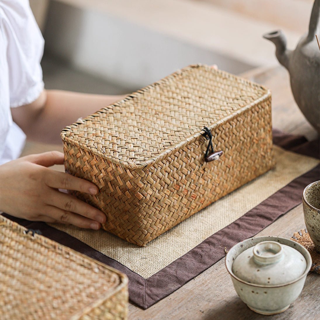 2-piece rectangular natural straw storage baskets with lids, beige woven, RusticReach on Tampa Home & Garden Store