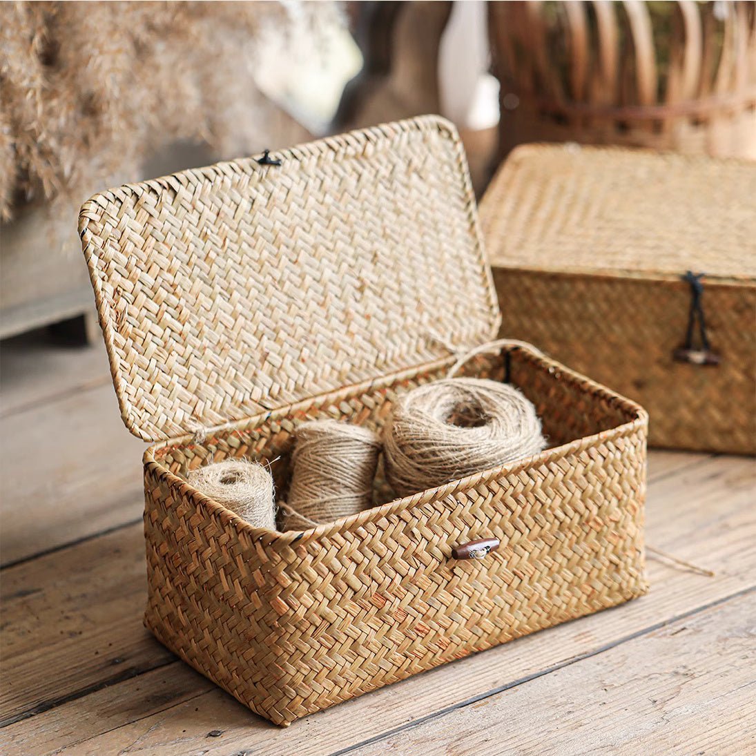 Rectangular natural straw storage baskets with lids, two beige woven RusticReach baskets on Tampa Home & Garden Store