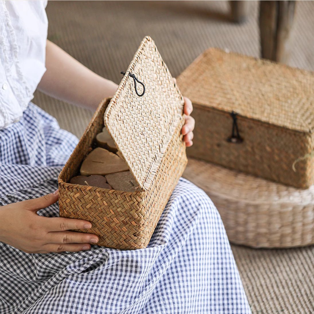 Rectangular natural straw storage basket with lid by RusticReach; woven tan with lid pull on Tampa Home & Garden Store