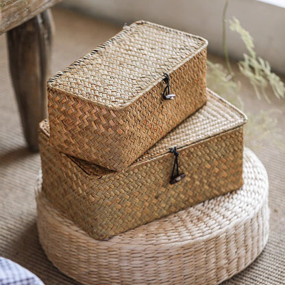 Rectangular natural straw storage baskets with lids, set of 2, tan woven RusticReach baskets on Tampa Home & Garden Store