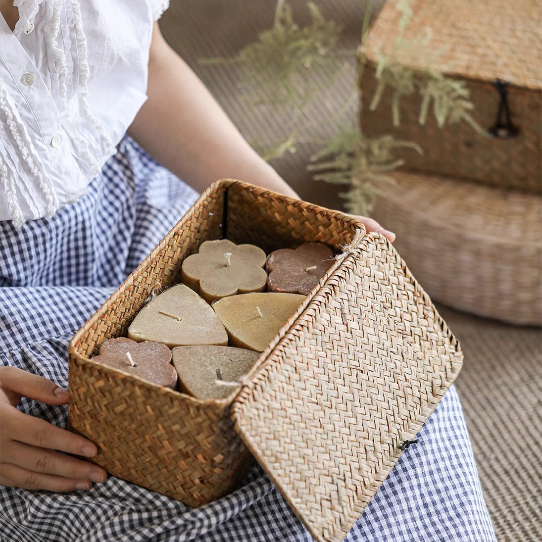 Rectangular natural straw basket with lid by RusticReach; basket with flower and heart candles on Tampa Home & Garden Store