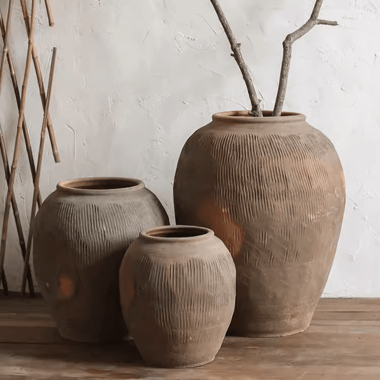 Round earthenware brown pot trio with ribbed texture in varying sizes RusticReach on Tampa Home & Garden Store