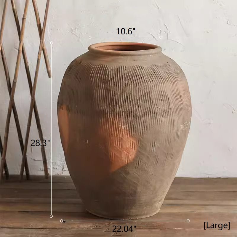 Round earthenware brown pot by RusticReach, large textured vessel, 28.3in tall on Tampa Home & Garden Store