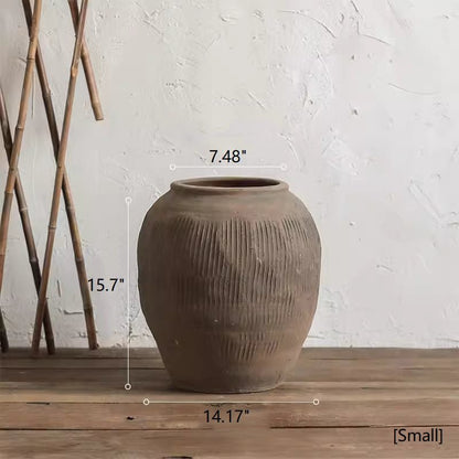 Round Earthenware Brown Pot by RusticReach with ribbed surface, 15.7in tall planter on Tampa Home & Garden Store