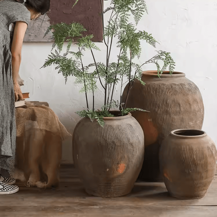 Round earthenware brown pots trio with ribbed texture by RusticReach on Tampa Home & Garden Store