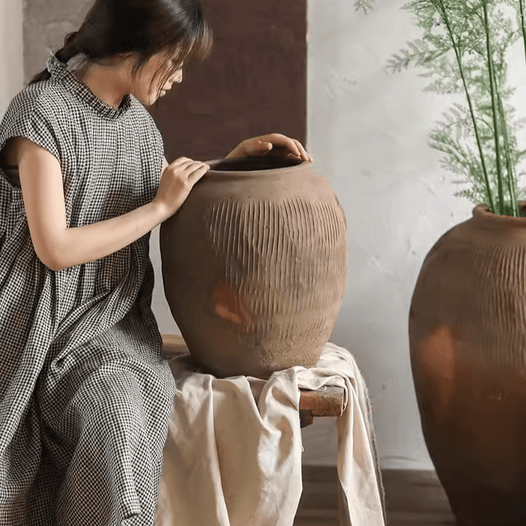 Round earthenware brown pots by RusticReach, textured vertical ridges, two shown on Tampa Home & Garden Store