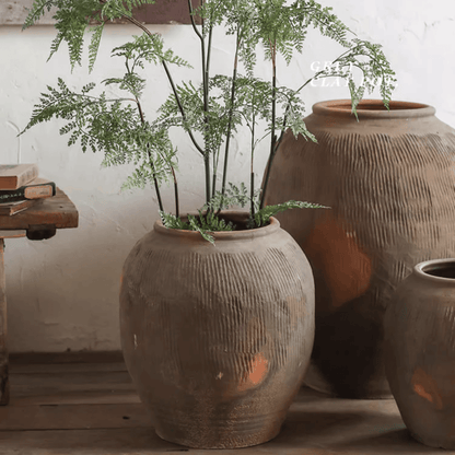 Round Earthenware Brown Pot by RusticReach; three ribbed brown pots with greenery for rustic decor on Tampa Home & Garden Store