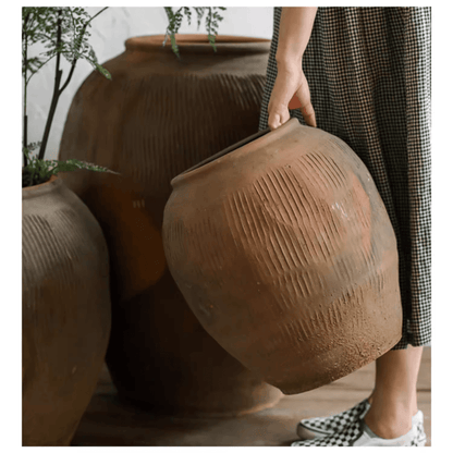 Round earthenware brown pot by RusticReach with ribbed texture, large size on Tampa Home & Garden Store