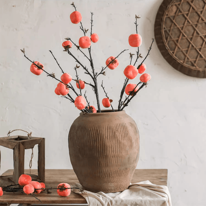 Round Earthenware Brown Pot with textured surface holding pink berry branches RusticReach on Tampa Home & Garden Store