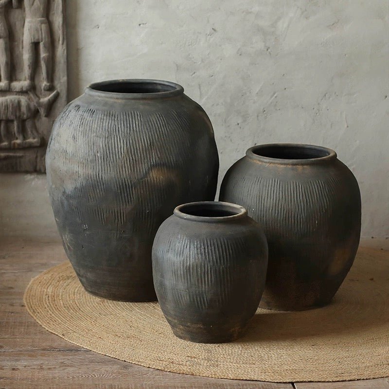 Round earthenware gray pot set of 3 with ribbed texture RusticReach on Tampa Home & Garden Store