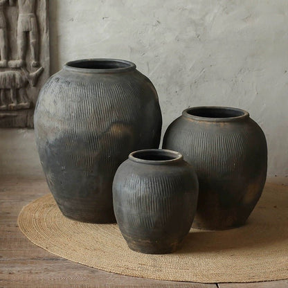 Round earthenware gray pot set of 3 with ribbed texture RusticReach on Tampa Home & Garden Store