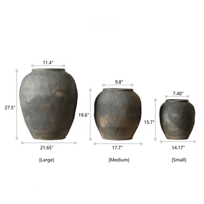 Round earthenware gray pots by RusticReach in large, medium, small set with ribbed texture on Tampa Home & Garden Store