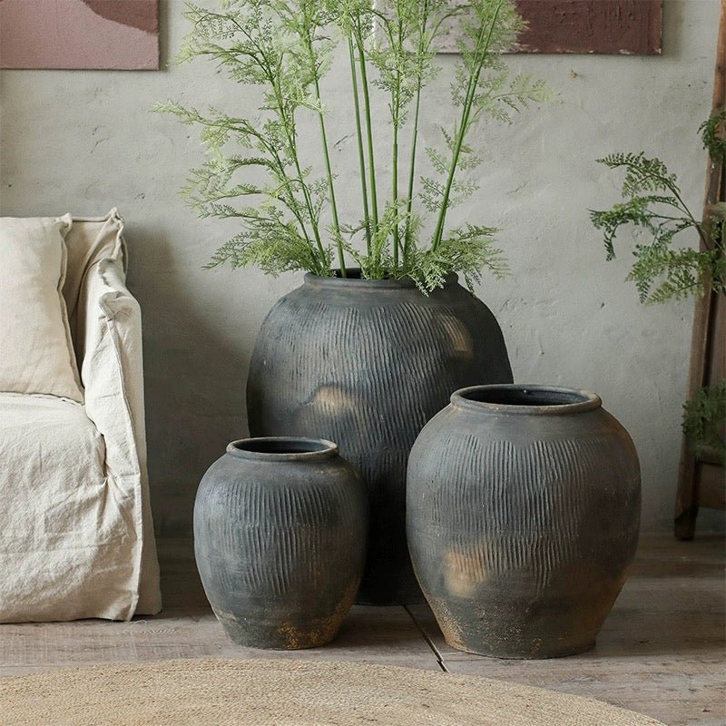 Round earthenware gray pots set of 3 in varied sizes with ribbed texture and rustic matte finish on Tampa Home & Garden Store