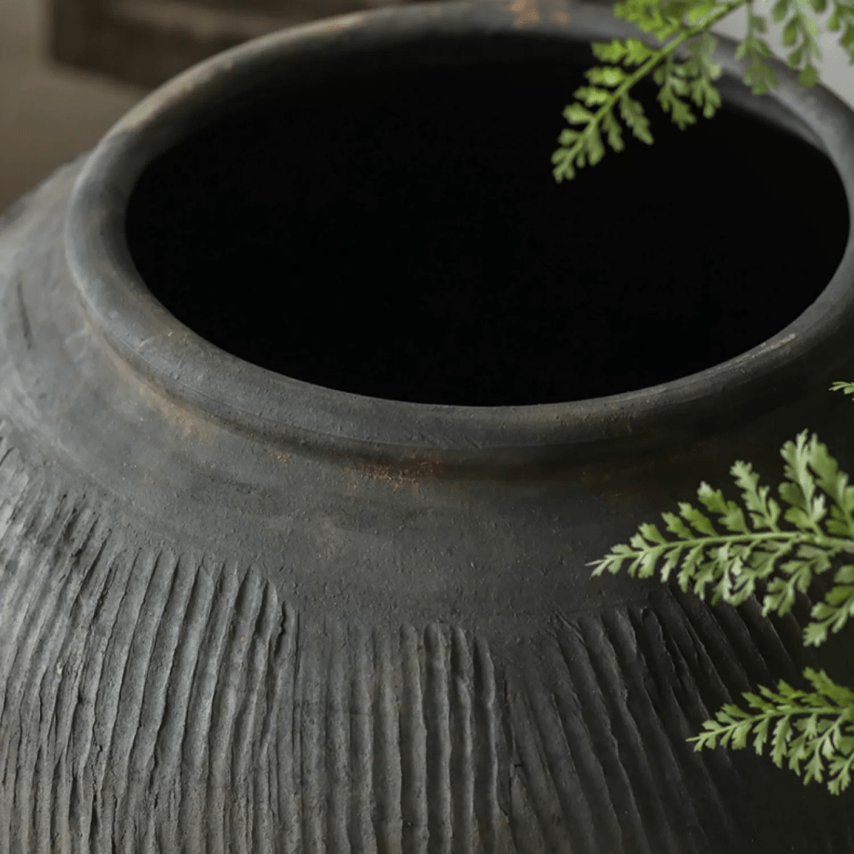 Round earthenware gray pot by RusticReach with ribbed texture and wide mouth on Tampa Home & Garden Store