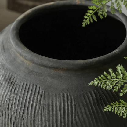 Round earthenware gray pot by RusticReach with ribbed texture and wide mouth on Tampa Home & Garden Store
