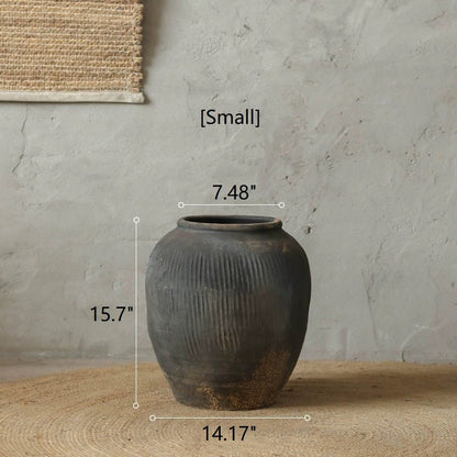Round earthenware gray pot by RusticReach with vertical ridges, 15.7in tall, 7.48in opening on Tampa Home & Garden Store