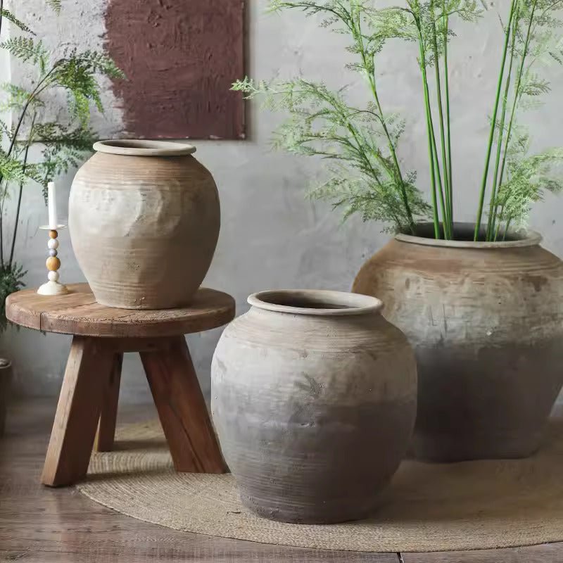 Round earthenware pots by RusticReach set of 3 in muted gray-beige on Tampa Home & Garden Store
