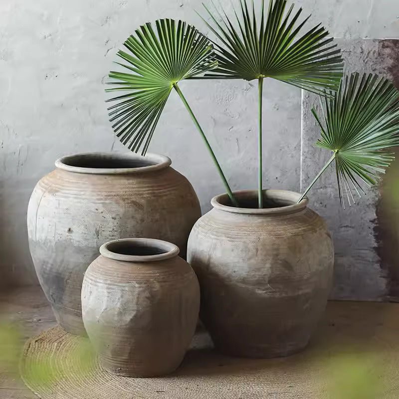Round earthenware pots by RusticReach in gray-beige glaze, set of three with palm fronds on Tampa Home & Garden Store