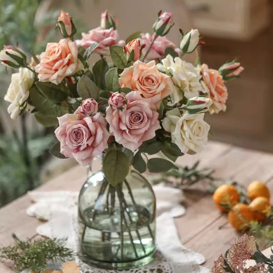 Rolled Edge American Rose bouquet in clear vase with pink peach ivory roses RusticReach 18-inch tall on Tampa Home & Garden Store