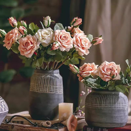 Rolled Edge American Rose Stem 18in Tall RusticReach peach pink roses in grey ceramic vases on Tampa Home & Garden Store