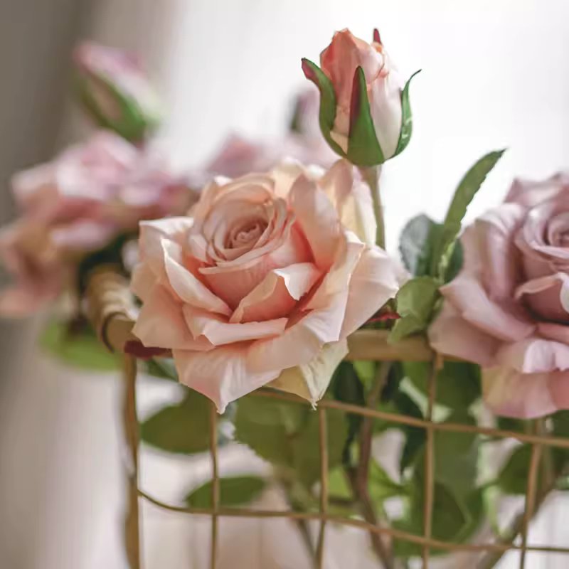 Rolled Edge American Rose Stem 18in pink roses in a wire basket RusticReach on Tampa Home & Garden Store