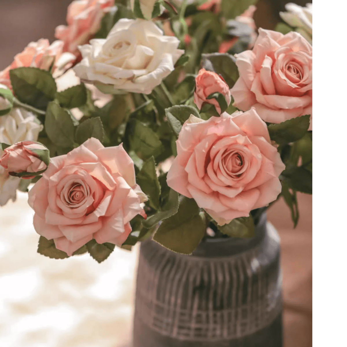 Rolled Edge American Rose Stem RusticReach 18-inch tall pink and white roses in a gray vase on Tampa Home & Garden Store