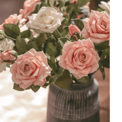 Rolled Edge American Rose Stem RusticReach 18-inch tall pink and white roses in a gray vase on Tampa Home & Garden Store