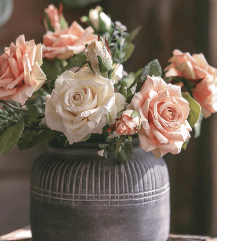 Rolled Edge American Rose Stem 18in Tall by RusticReach; cream and peach roses in a dark ceramic vase on Tampa Home & Garden Store