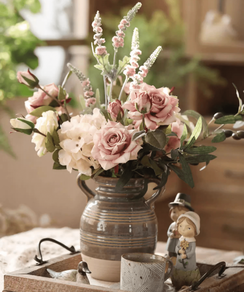 Rolled Edge American Rose Stem 18-inch Tall pink roses with hydrangea, RusticReach on Tampa Home & Garden Store