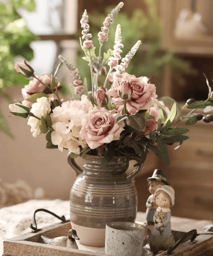Rolled Edge American Rose Stem 18-inch Tall pink roses with hydrangea, RusticReach on Tampa Home & Garden Store
