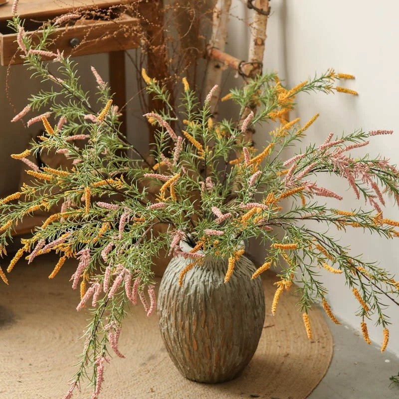 Artificial Large Rosemary Stem 49in tall by RusticReach with pink accents in a gray vase on Tampa Home & Garden Store