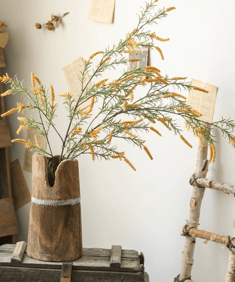 Artificial large rosemary stem, 49 inches tall, in a rustic wooden vase with a metal band RusticReach on Tampa Home & Garden Store