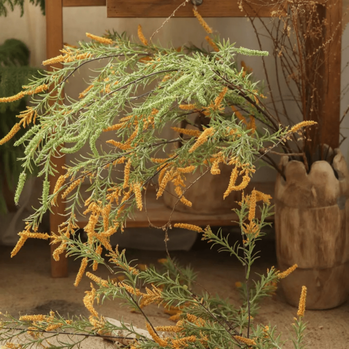 Artificial Large Rosemary Stem 49 inches tall in green with golden flower spikes RusticReach on Tampa Home & Garden Store