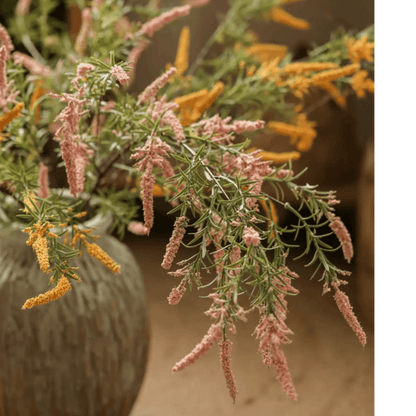 Artificial Large Rosemary Stem 49 inches tall with pink and orange blooms in a rustic vase on Tampa Home & Garden Store