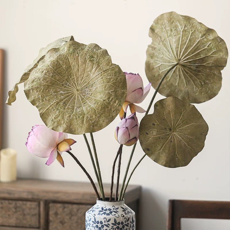 Artificial Rustic Lotus Stem by RusticReach with brown lotus leaves and pink buds on Tampa Home & Garden Store