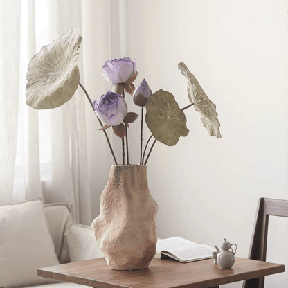 Artificial Rustic Lotus Stem with purple blooms and beige leaves in a textured vase on Tampa Home & Garden Store