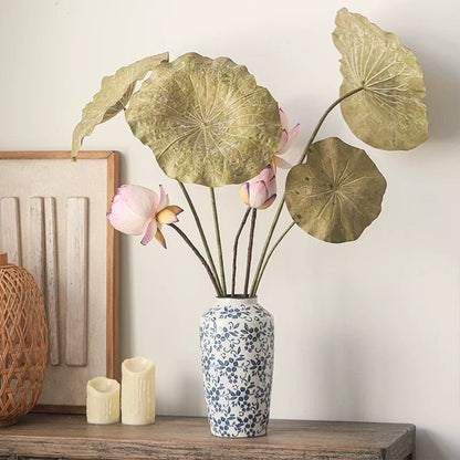 Artificial Rustic Lotus Stem arrangement in RusticReach vase with pink blooms and leaves on Tampa Home & Garden Store