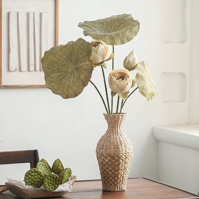 Artificial Rustic Lotus Stem by RusticReach in a woven wicker vase with large lotus leaves on Tampa Home & Garden Store