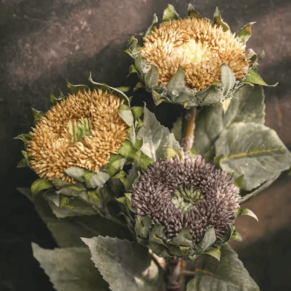 Artificial small head sunflower stem 23.6 inch tall RusticReach 3 blooms yellow purple leaves on Tampa Home & Garden Store