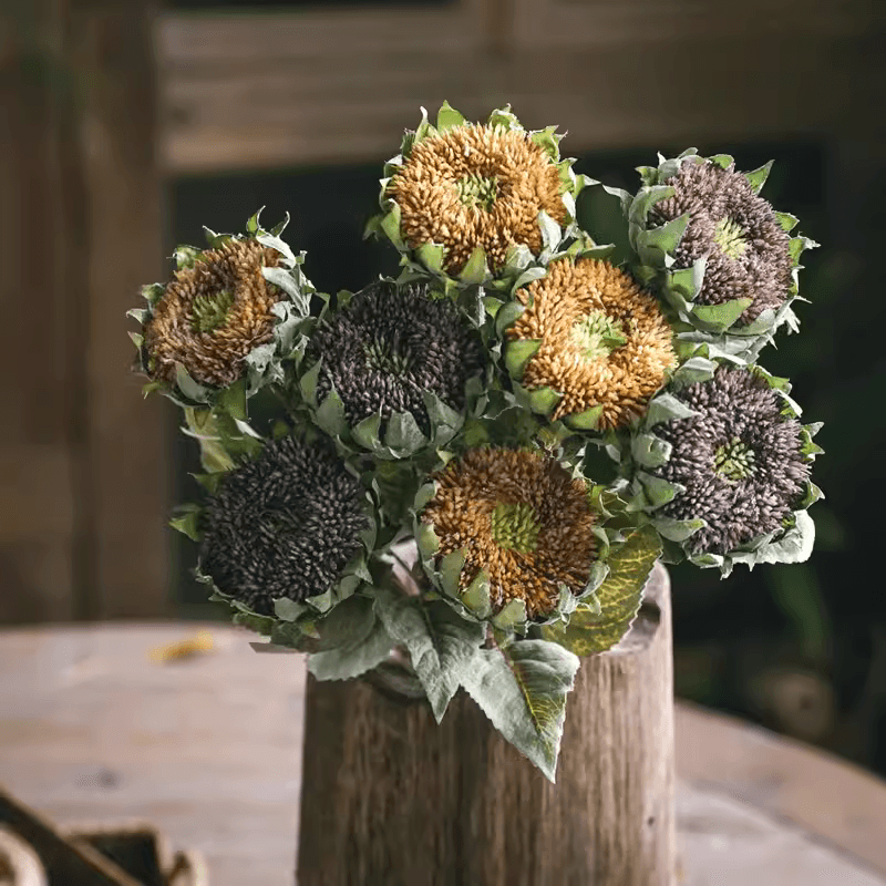 Artificial small-head sunflower stem bouquet, 9 stems with leaves in rustic vase by RusticReach on Tampa Home & Garden Store