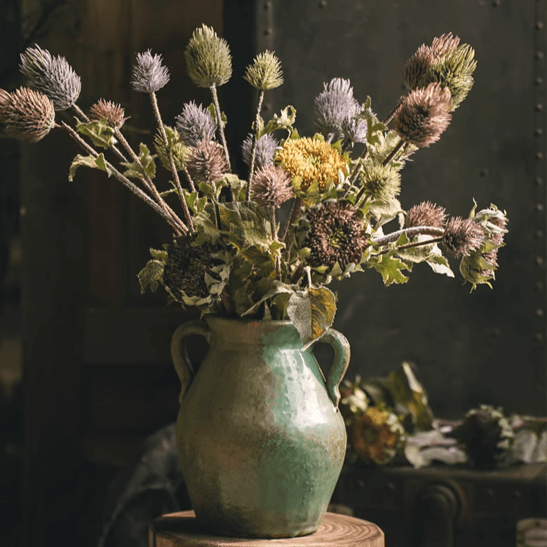 Artificial small head sunflower stem RusticReach in a green ceramic vase with dried bouquet on Tampa Home & Garden Store