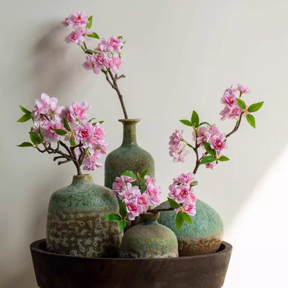 Small Peach Blossom Flower Stem pink artificial blossoms with green leaves set of 4 RusticReach on Tampa Home & Garden Store