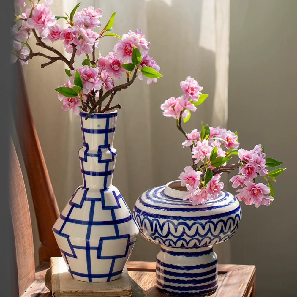 Small peach blossom artificial stem in blue white ceramic vases, RusticReach, 16.5 in tall on Tampa Home & Garden Store