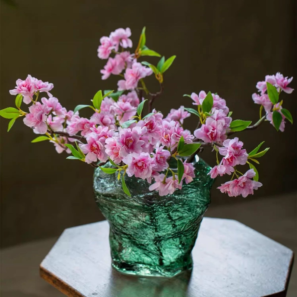Small peach blossom artificial flower stem, pink blooms in green glass vase, 16.5in tall on Tampa Home & Garden Store