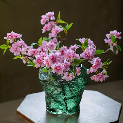 Small peach blossom artificial flower stem, pink blooms in green glass vase, 16.5in tall on Tampa Home & Garden Store