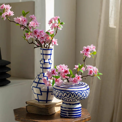 Small Peach Blossom Flower Stem 16.5 in tall pink blossoms in two blue vases on Tampa Home & Garden Store