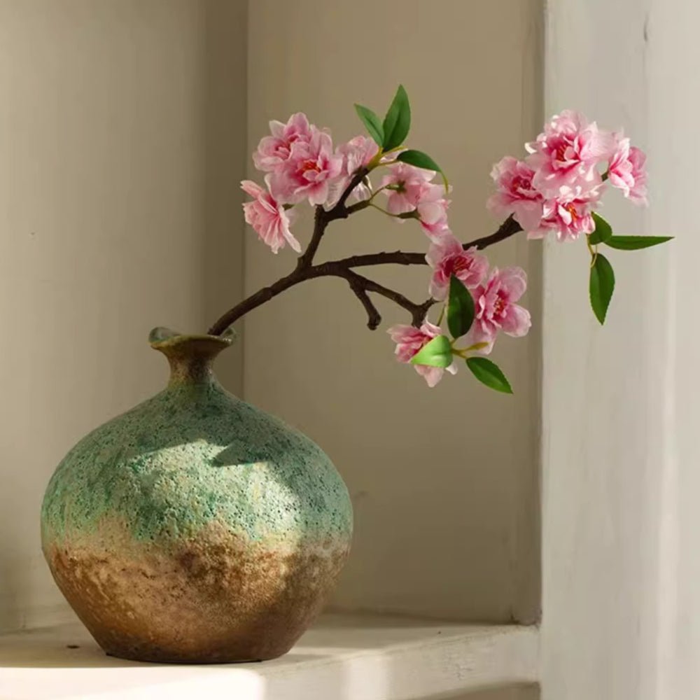 Small Peach Blossom Flower Stem 16.5 in tall pink blossoms and leaves rustic glaze vase on Tampa Home & Garden Store